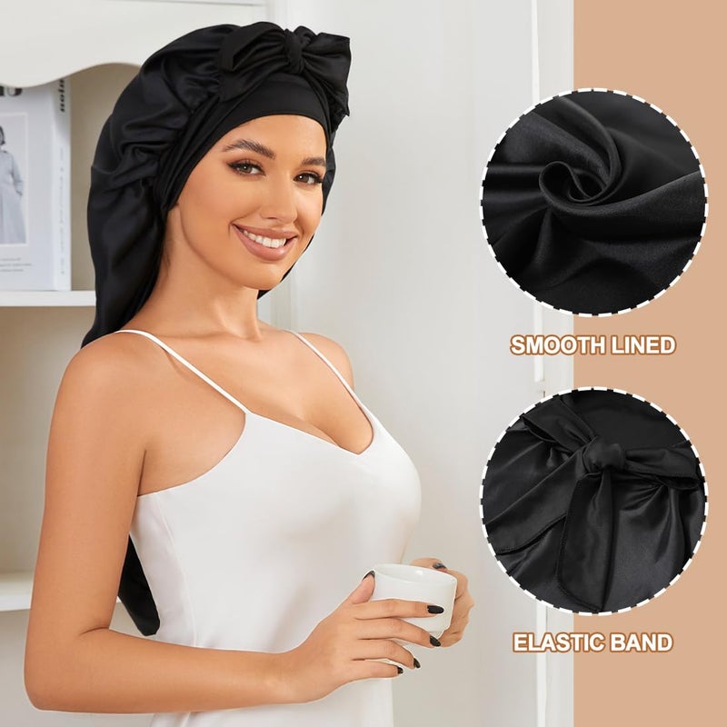 Supaze Long Satin Bonnet for Sleeping, Satin Lined Braid Bonnet with Elastic Band, Adjustable Long Strap Bonnets for Women Braids Dreadlock Curly Hair(Black) - Image 2